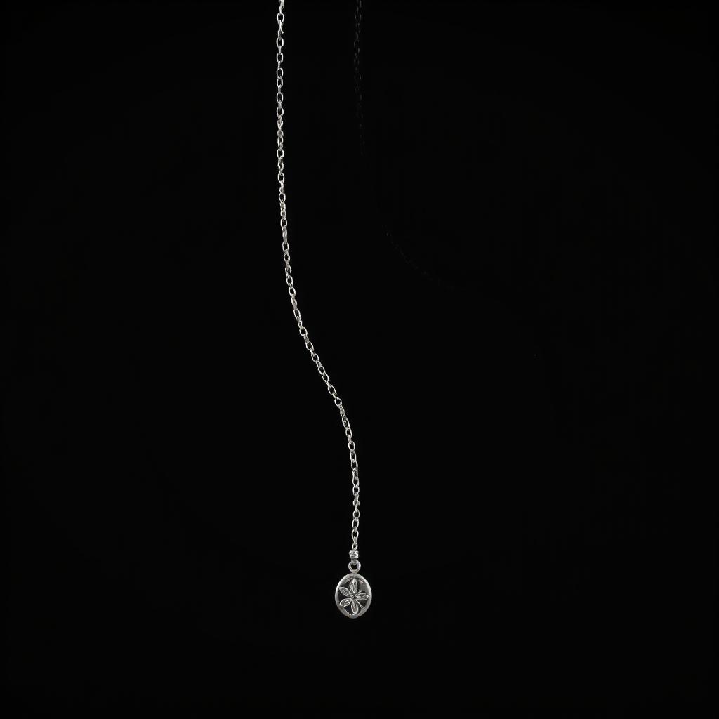 An artistic close-up of a silver anklet gracefully dangling in front of a solid black background