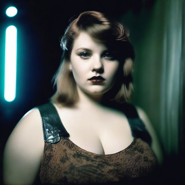 Ultra-realistic Polaroid fashion photography, depicting a slightly chubby model with pale skin and brown hair