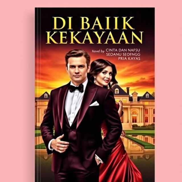 A stunning book cover for the novel titled 'Di Balik Kekayaan: Cinta dan Nafsu Seorang Pria Kaya'