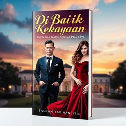 A stunning book cover for the novel titled 'Di Balik Kekayaan: Cinta dan Nafsu Seorang Pria Kaya'