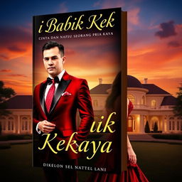 A stunning book cover for the novel titled 'Di Balik Kekayaan: Cinta dan Nafsu Seorang Pria Kaya'