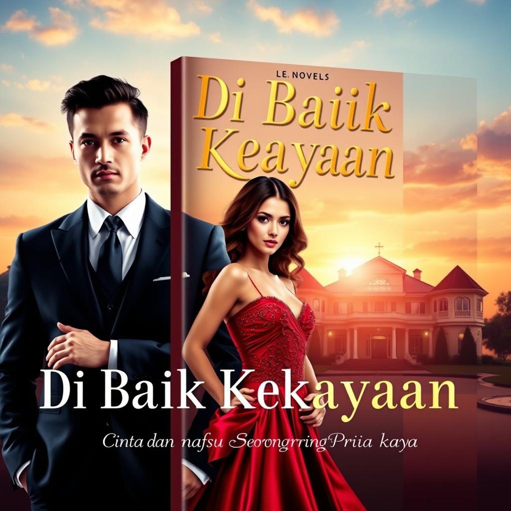 A stunning book cover for the novel titled 'Di Balik Kekayaan: Cinta dan Nafsu Seorang Pria Kaya'