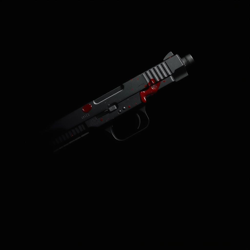 A hauntingly dramatic image featuring a black background that intensifies the focus on a black bloody gun