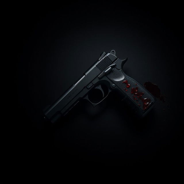 A hauntingly dramatic image featuring a black background that intensifies the focus on a black bloody gun