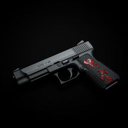 A hauntingly dramatic image featuring a black background that intensifies the focus on a black bloody gun