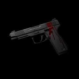 A hauntingly dramatic image featuring a black background that intensifies the focus on a black bloody gun