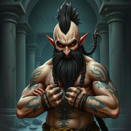 A halfling monk with an evil smile and striking red eyes, his fists wrapped in mystical wraps of power, stands shirtless, showcasing tattoos resembling claws that cover most of his muscular body