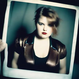 Ultra-realistic Polaroid fashion photography, depicting a slightly chubby model with pale skin and brown hair