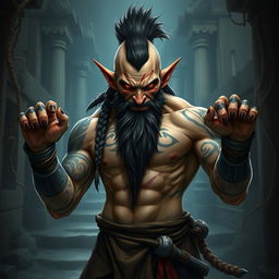 A halfling monk with an evil smile and striking red eyes, his fists wrapped in mystical wraps of power, stands shirtless, showcasing tattoos resembling claws that cover most of his muscular body
