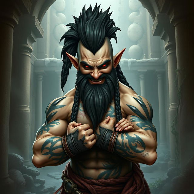 A halfling monk with an evil smile and striking red eyes, his fists wrapped in mystical wraps of power, stands shirtless, showcasing tattoos resembling claws that cover most of his muscular body