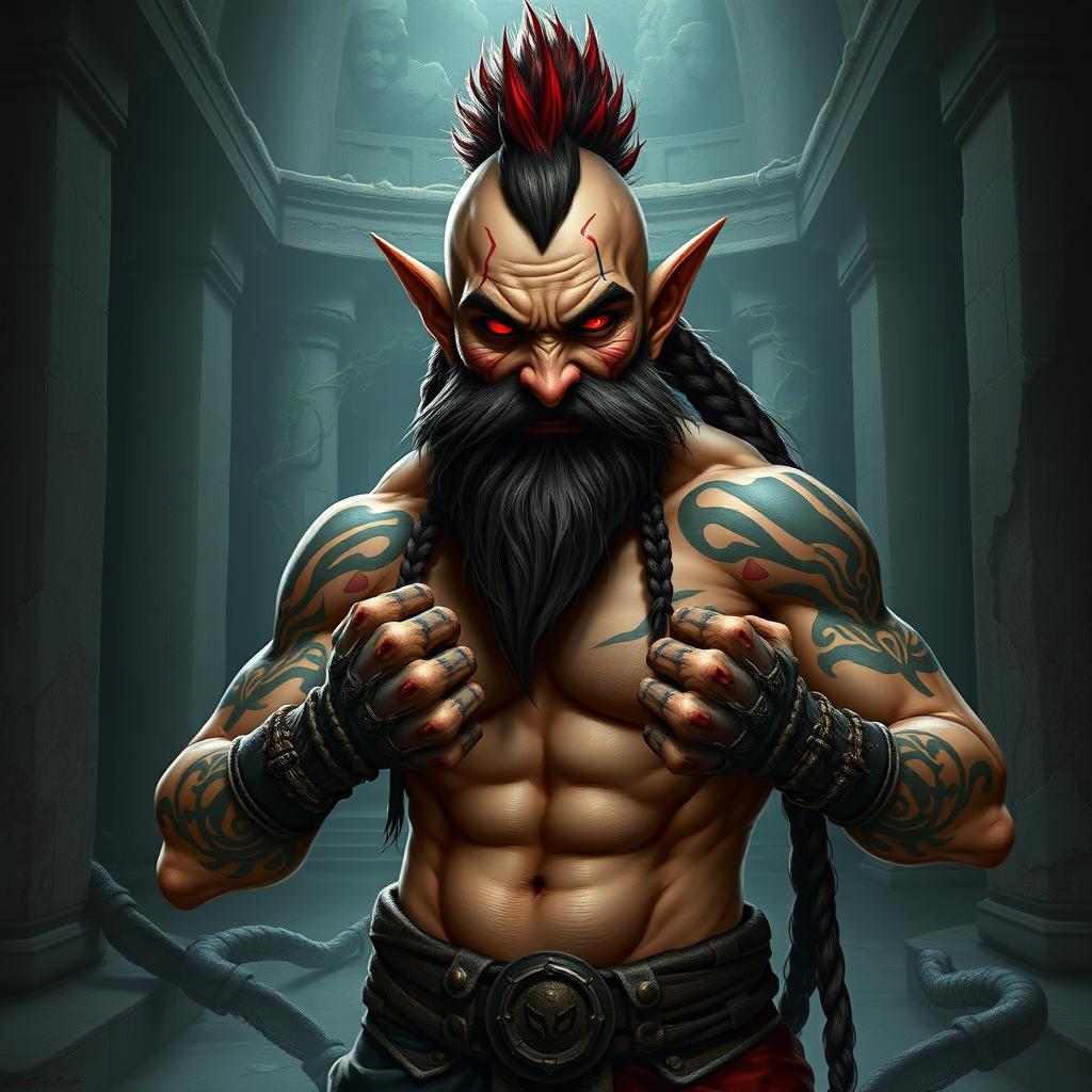 A halfling monk with an evil smile and striking red eyes, his fists wrapped in mystical wraps of power, stands shirtless, showcasing tattoos resembling claws that cover most of his muscular body