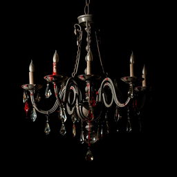 A hauntingly beautiful image of an old, dusty chandelier against a solid black background