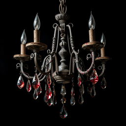 A hauntingly beautiful image of an old, dusty chandelier against a solid black background