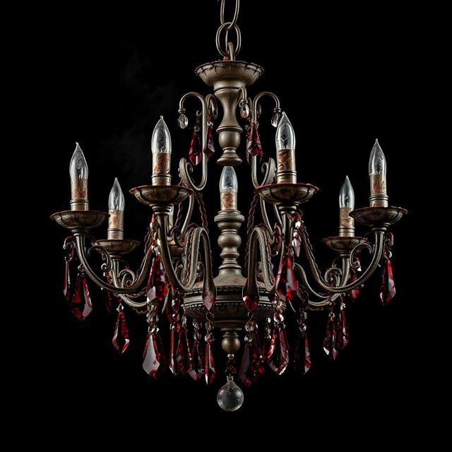 A hauntingly beautiful image of an old, dusty chandelier against a solid black background