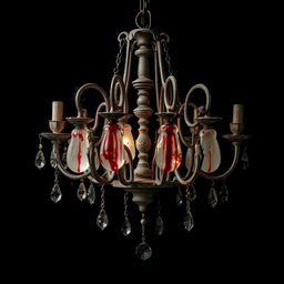 A hauntingly beautiful image of an old, dusty chandelier against a solid black background