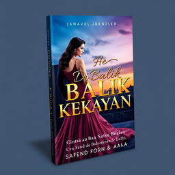 An enchanting book cover for the novel titled *DI BALIK KEKAYAAN: CINTA DAN NAFSU SEORANG PRIA KAYA*