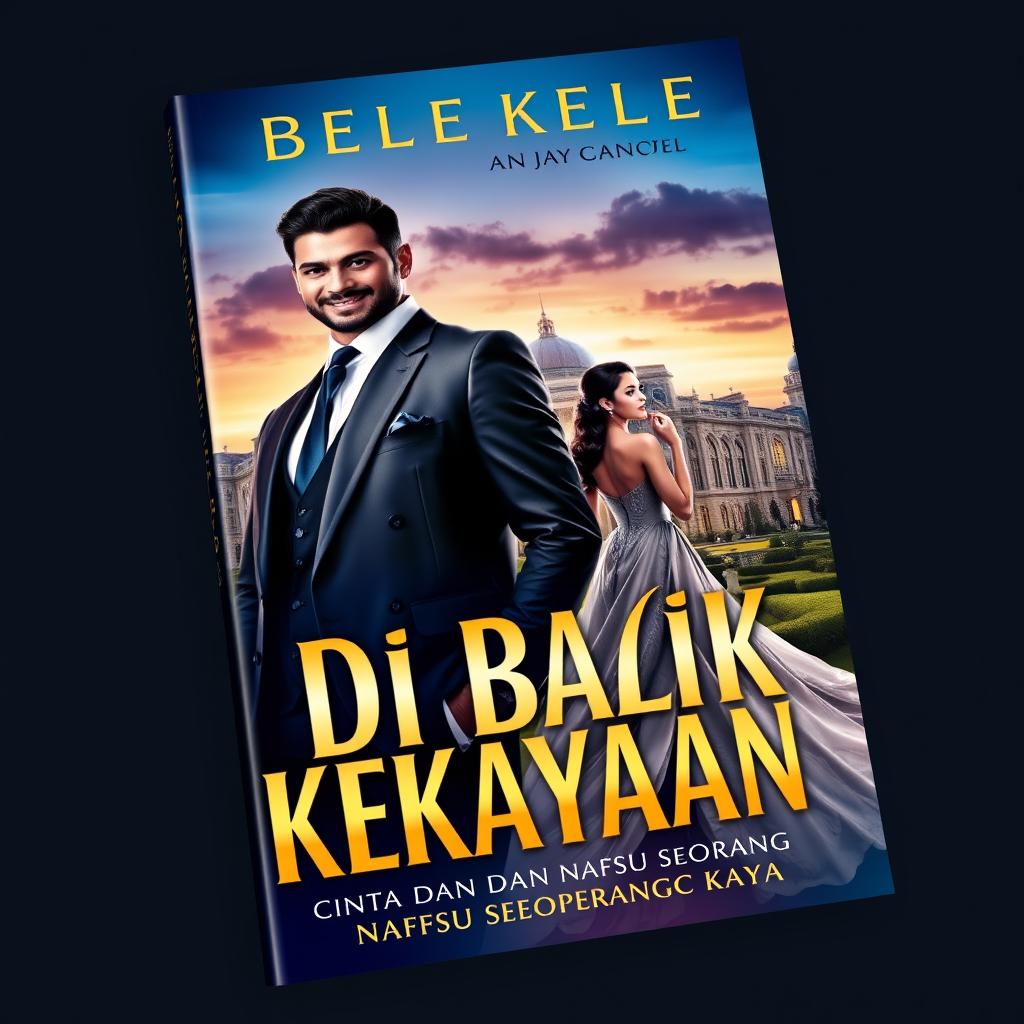 An enchanting book cover for the novel titled *DI BALIK KEKAYAAN: CINTA DAN NAFSU SEORANG PRIA KAYA*