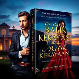 An enchanting book cover for the novel titled *DI BALIK KEKAYAAN: CINTA DAN NAFSU SEORANG PRIA KAYA*