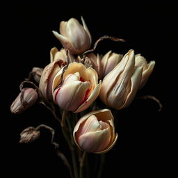 A hauntingly beautiful arrangement of assorted dried tulips against a solid black background