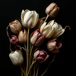A hauntingly beautiful arrangement of assorted dried tulips against a solid black background