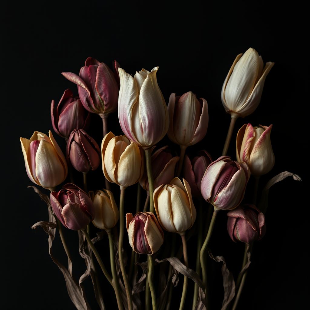 A hauntingly beautiful arrangement of assorted dried tulips against a solid black background