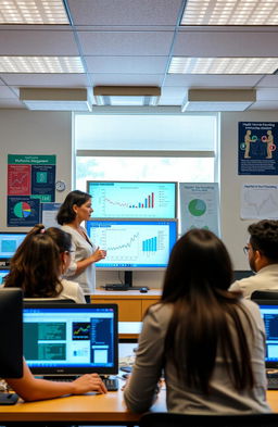 A detailed classroom setting focusing on health information management, featuring students engaged in interactive learning