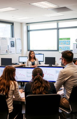 A detailed classroom setting focusing on health information management, featuring students engaged in interactive learning