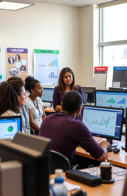 A detailed classroom setting focusing on health information management, featuring students engaged in interactive learning