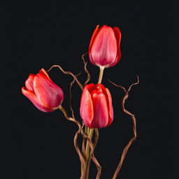 A striking arrangement of dried red tulips set against a solid black background, showcasing their beautifully withered petals and twisted, delicate stems