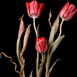 A striking arrangement of dried red tulips set against a solid black background, showcasing their beautifully withered petals and twisted, delicate stems