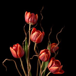 A striking arrangement of dried red tulips set against a solid black background, showcasing their beautifully withered petals and twisted, delicate stems