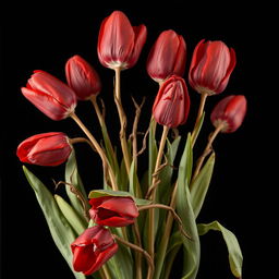 A striking arrangement of dried red tulips set against a solid black background, showcasing their beautifully withered petals and twisted, delicate stems