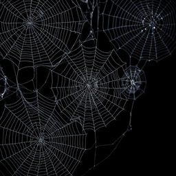A visually striking composition of intricate spider webs set against a solid black background