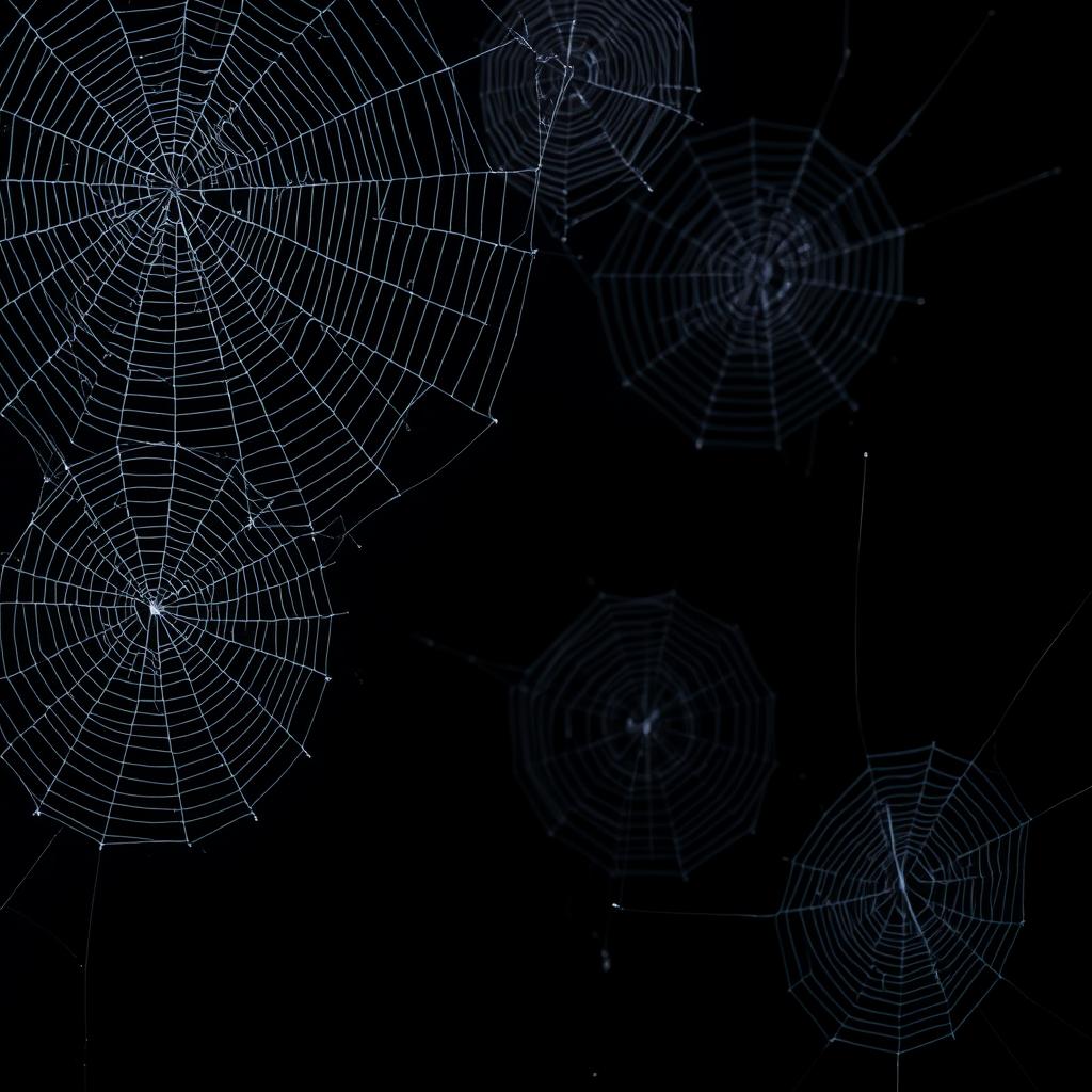 A visually striking composition of intricate spider webs set against a solid black background