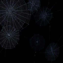 A visually striking composition of intricate spider webs set against a solid black background