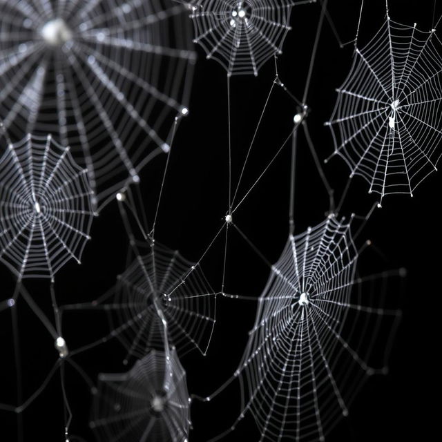 A visually striking composition of intricate spider webs set against a solid black background