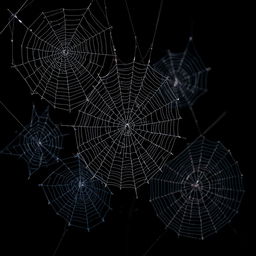 A visually striking composition of intricate spider webs set against a solid black background