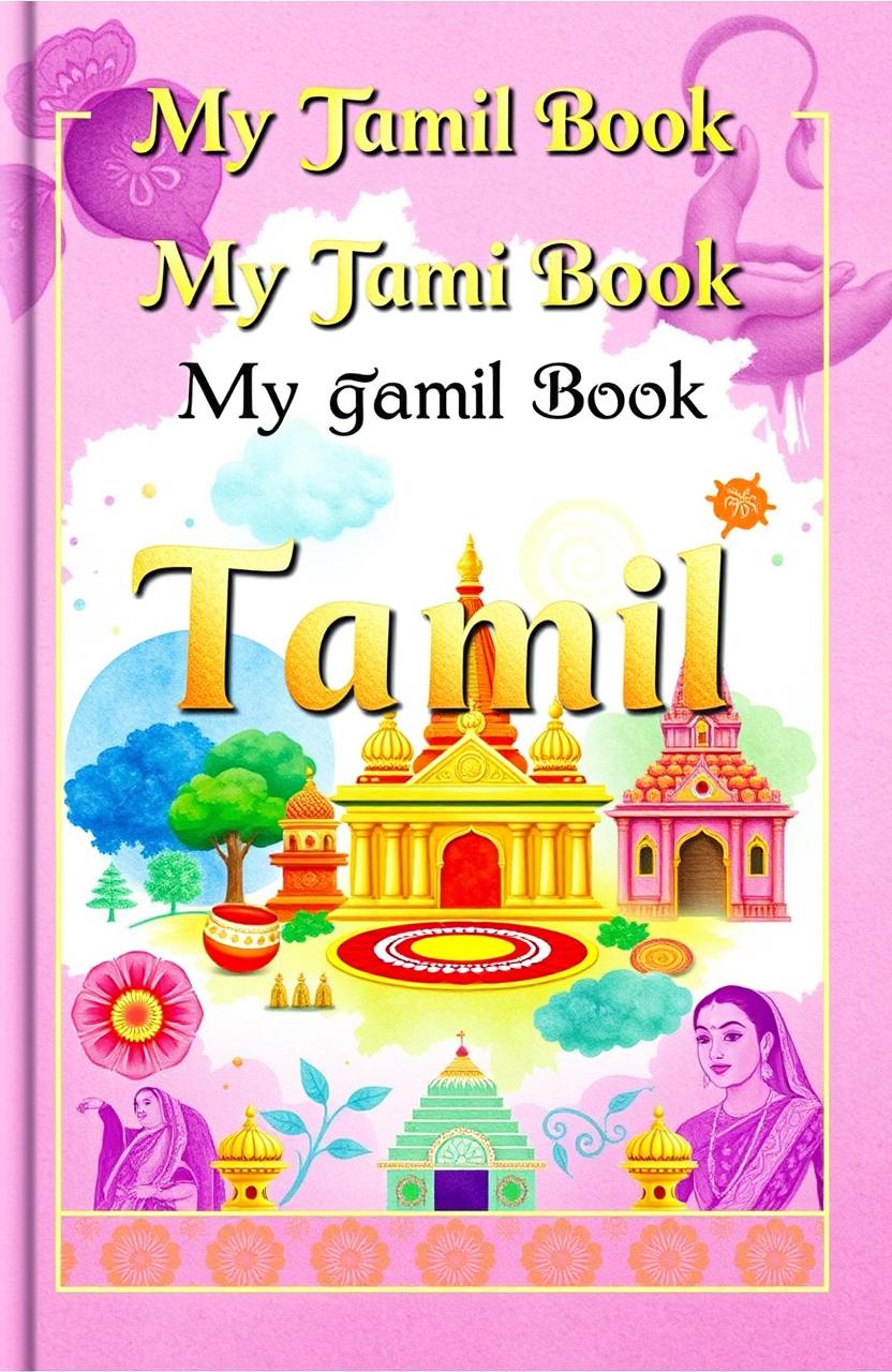 A beautiful cover design for a Tamil language book titled 'My Tamil Book'