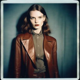 Hyper-realistic polaroid fashion photography featuring a pale-skinned, brown-haired model