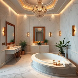 A luxurious, spacious bathroom designed with elegant marble flooring and walls, featuring a large soaking tub with ornate gold fixtures