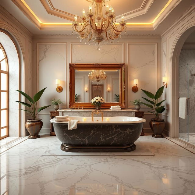 A luxurious, spacious bathroom designed with elegant marble flooring and walls, featuring a large soaking tub with ornate gold fixtures