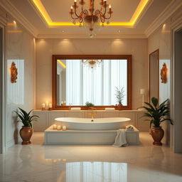 A luxurious, spacious bathroom designed with elegant marble flooring and walls, featuring a large soaking tub with ornate gold fixtures