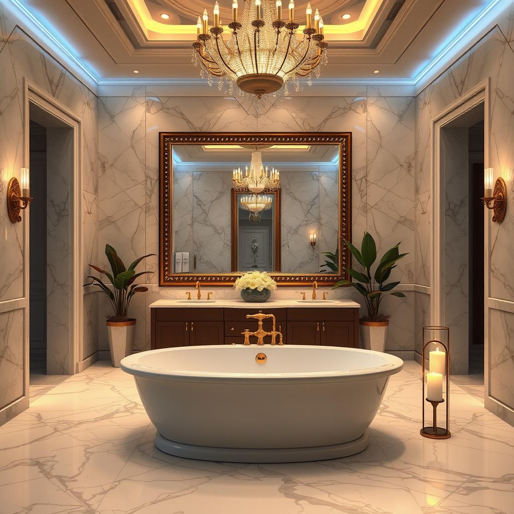 A luxurious, spacious bathroom designed with elegant marble flooring and walls, featuring a large soaking tub with ornate gold fixtures