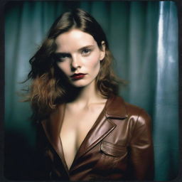 Hyper-realistic polaroid fashion photography featuring a pale-skinned, brown-haired model