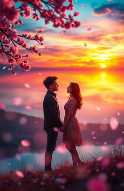 A visually stunning representation of the moment love falls, depicting a serene and ethereal landscape during sunset, with vibrant colors in the sky reflecting on a tranquil lake