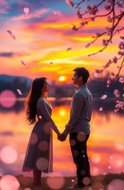 A visually stunning representation of the moment love falls, depicting a serene and ethereal landscape during sunset, with vibrant colors in the sky reflecting on a tranquil lake