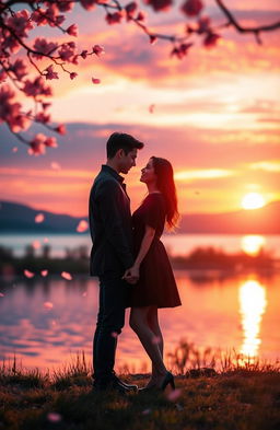 A visually stunning representation of the moment love falls, depicting a serene and ethereal landscape during sunset, with vibrant colors in the sky reflecting on a tranquil lake