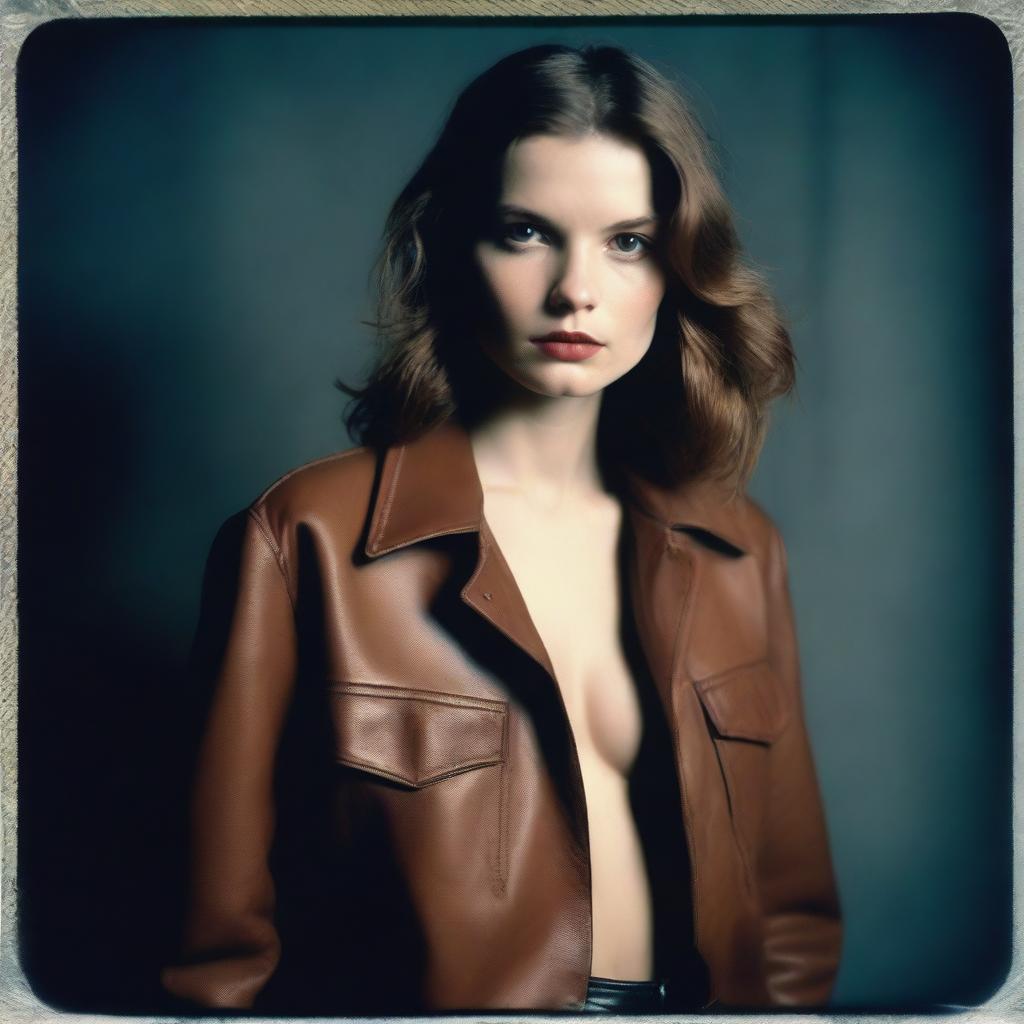 Hyper-realistic polaroid fashion photography featuring a pale-skinned, brown-haired model