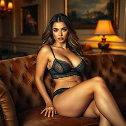 A beautiful, confident adult woman lounging on a plush velvet sofa, wearing stylish, revealing lingerie that highlights her curves