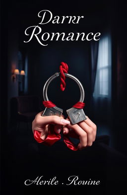 A captivating dark romance book cover featuring a dramatic scene with handcuffs artistically intertwined with red silk ropes